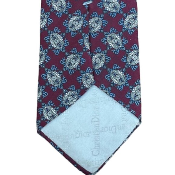 Christian Dior Men's Tie Necktie Designer 100% Silk Burgundy Cream Blue Paisley - Picture 6 of 9